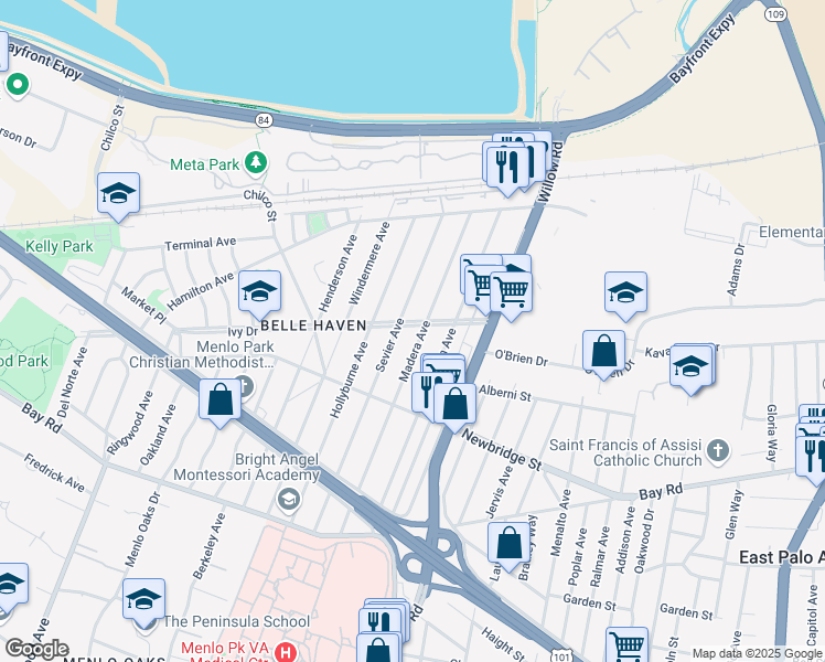 map of restaurants, bars, coffee shops, grocery stores, and more near 1263 Madera Avenue in Menlo Park