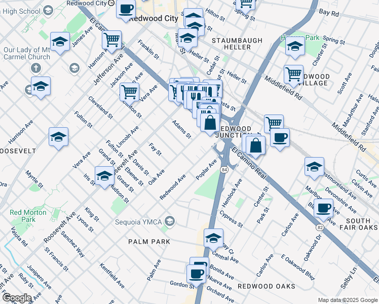 map of restaurants, bars, coffee shops, grocery stores, and more near 131 Oak Avenue in Redwood City