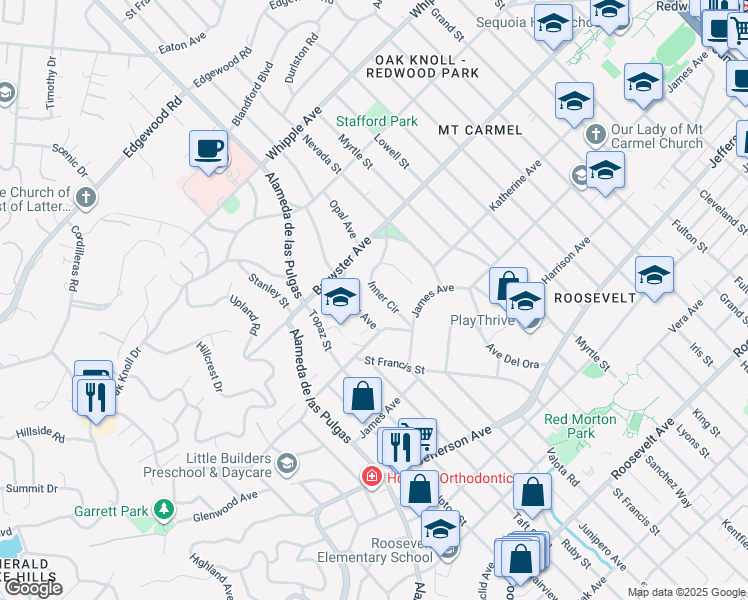 map of restaurants, bars, coffee shops, grocery stores, and more near 169 Inner Circle in Redwood City