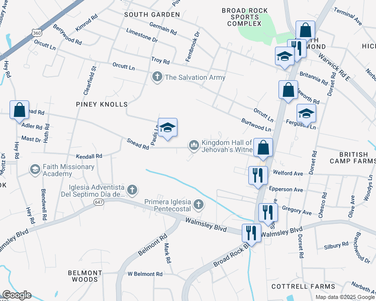 map of restaurants, bars, coffee shops, grocery stores, and more near 5129 Snead Road in Richmond