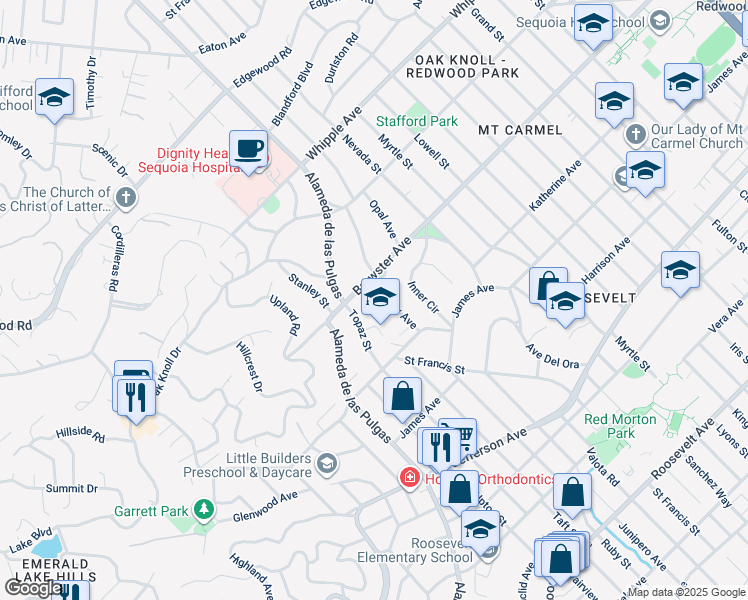 map of restaurants, bars, coffee shops, grocery stores, and more near 2 Hillview Avenue in Redwood City