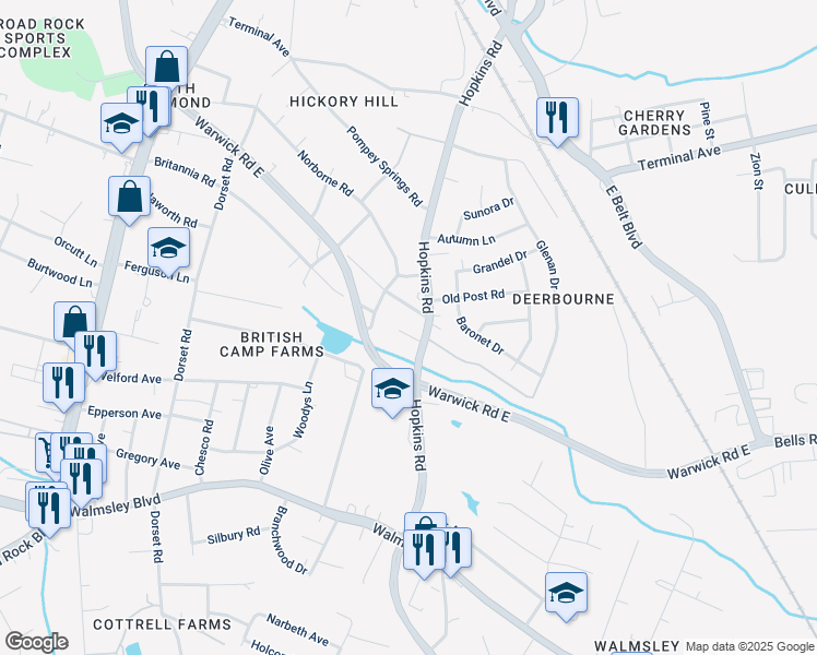 map of restaurants, bars, coffee shops, grocery stores, and more near 3904 Hopkins Court in Richmond