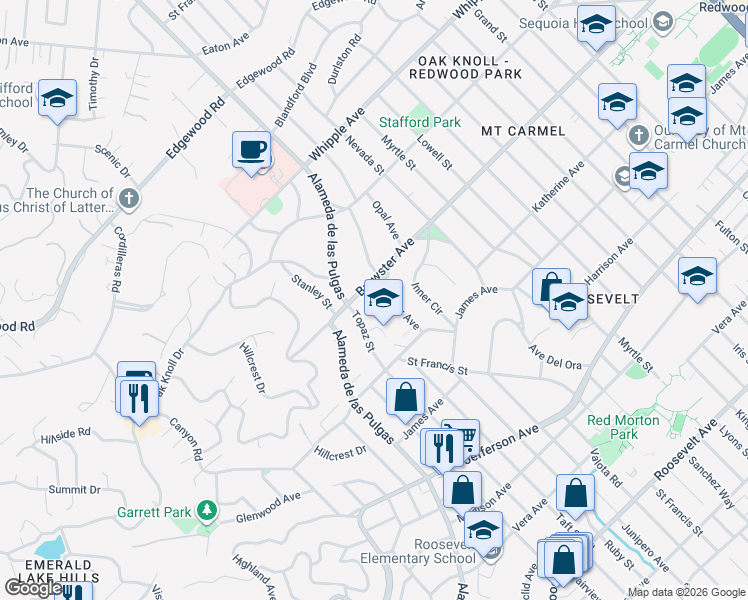 map of restaurants, bars, coffee shops, grocery stores, and more near 238 Hillview Avenue in Redwood City