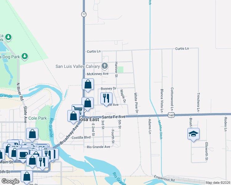 map of restaurants, bars, coffee shops, grocery stores, and more near 214 Spruce Drive in Alamosa