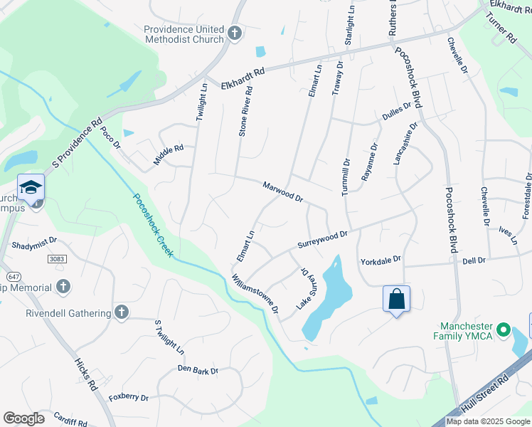 map of restaurants, bars, coffee shops, grocery stores, and more near 1633 Elmart Lane in Richmond