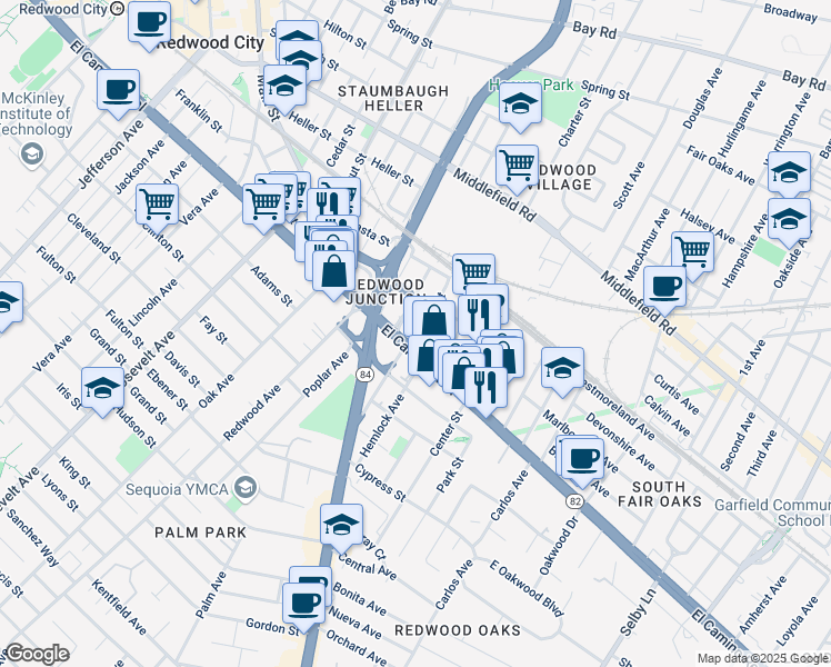 map of restaurants, bars, coffee shops, grocery stores, and more near 37 Willow Street in Redwood City
