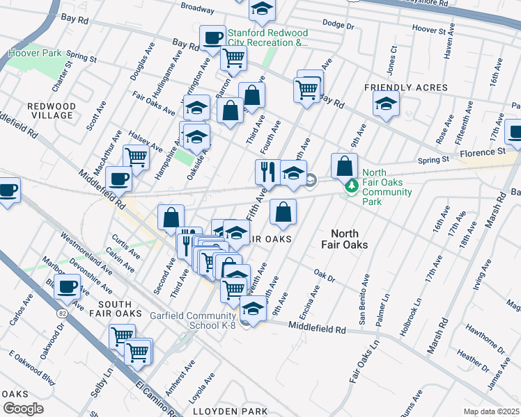 map of restaurants, bars, coffee shops, grocery stores, and more near 594 Fifth Avenue in Redwood City