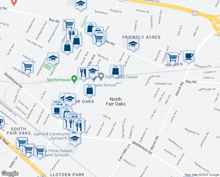 map of restaurants, bars, coffee shops, grocery stores, and more near 656 9th Avenue in Menlo Park