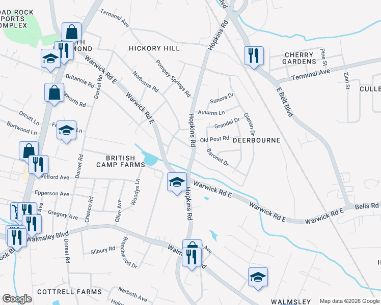 map of restaurants, bars, coffee shops, grocery stores, and more near 3904 Hopkins Court in Richmond