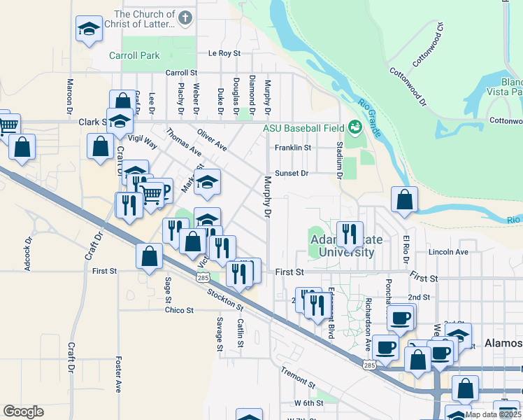 map of restaurants, bars, coffee shops, grocery stores, and more near 305 Murphy Drive in Alamosa