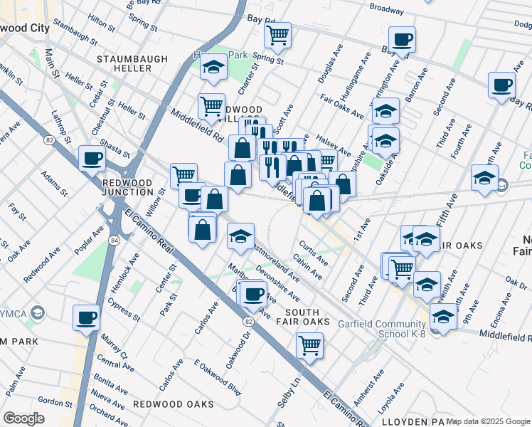 map of restaurants, bars, coffee shops, grocery stores, and more near 2682 Middlefield Road in Redwood City