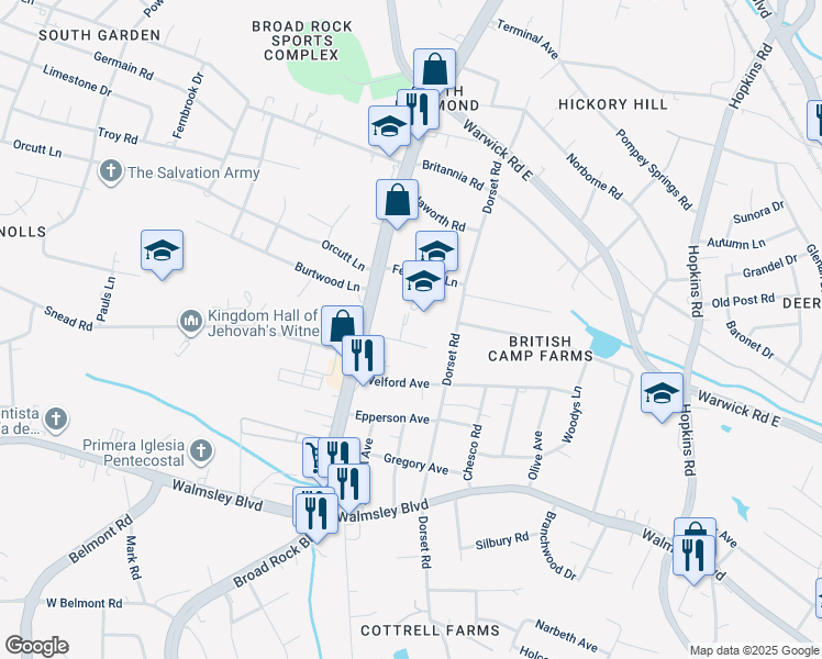 map of restaurants, bars, coffee shops, grocery stores, and more near 11 Broadingham Road in Richmond