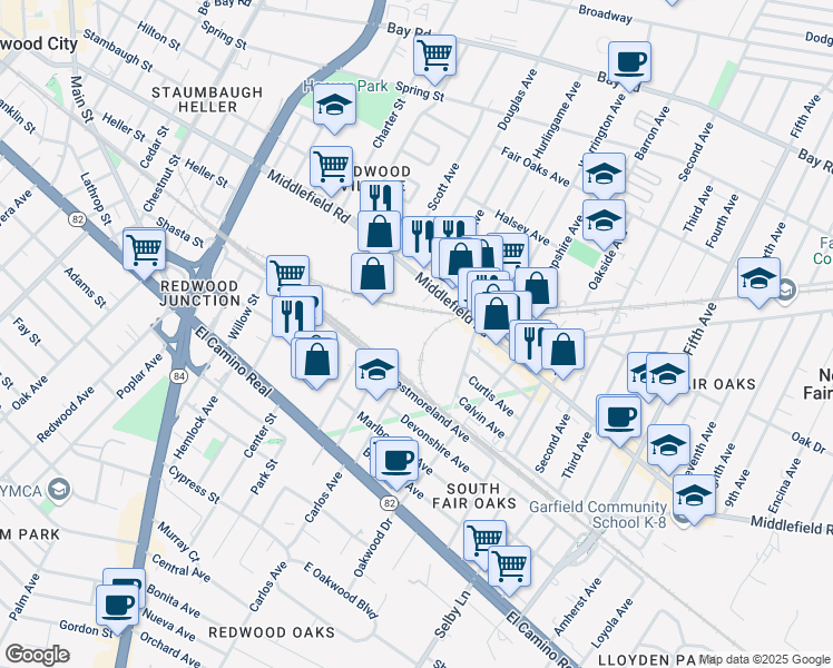 map of restaurants, bars, coffee shops, grocery stores, and more near 2682 Middlefield Rd in Redwood City