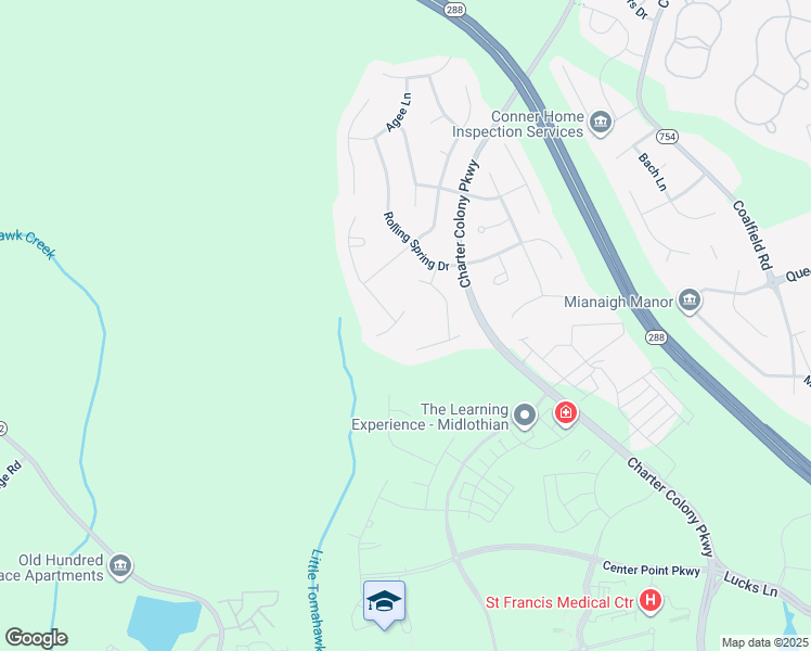 map of restaurants, bars, coffee shops, grocery stores, and more near 14319 Pipers Terrace in Midlothian