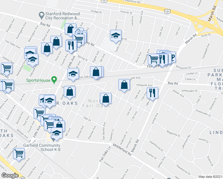 map of restaurants, bars, coffee shops, grocery stores, and more near 720 Twelfth Avenue in Menlo Park