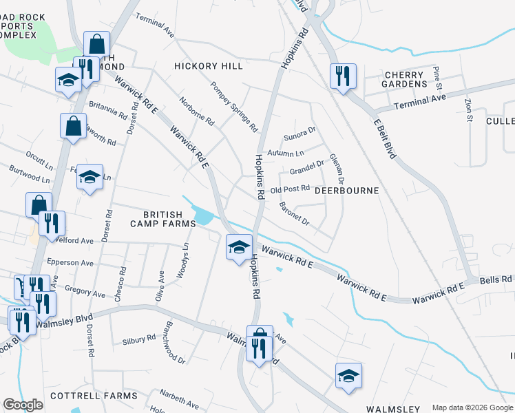 map of restaurants, bars, coffee shops, grocery stores, and more near 3904 Hopkins Court in Richmond