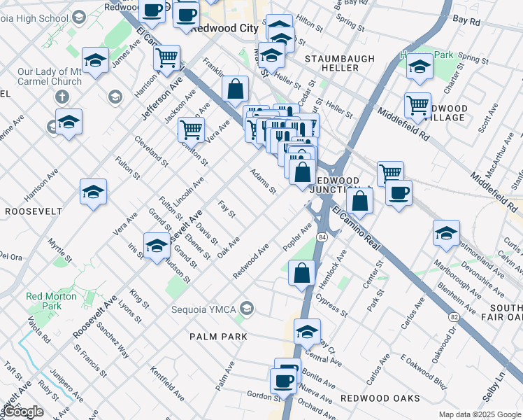 map of restaurants, bars, coffee shops, grocery stores, and more near 216 Oak Avenue in Redwood City