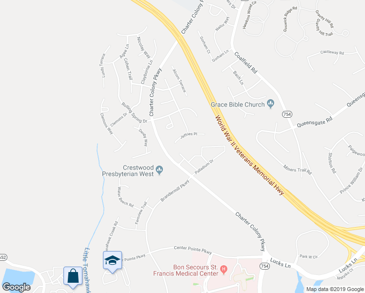 map of restaurants, bars, coffee shops, grocery stores, and more near 14325 Jeffries Place in Midlothian