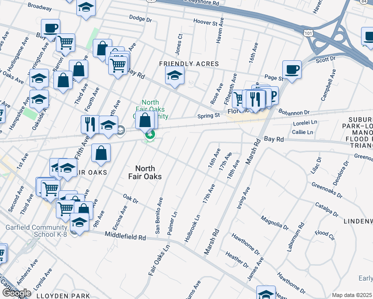 map of restaurants, bars, coffee shops, grocery stores, and more near 742 San Benito Avenue in Menlo Park
