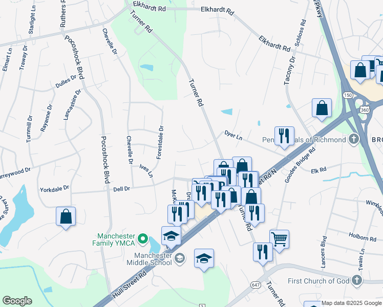 map of restaurants, bars, coffee shops, grocery stores, and more near 7201 Apple Orchard Road in Richmond