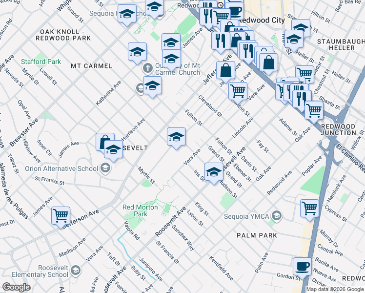 map of restaurants, bars, coffee shops, grocery stores, and more near 798 Hudson Street in Redwood City