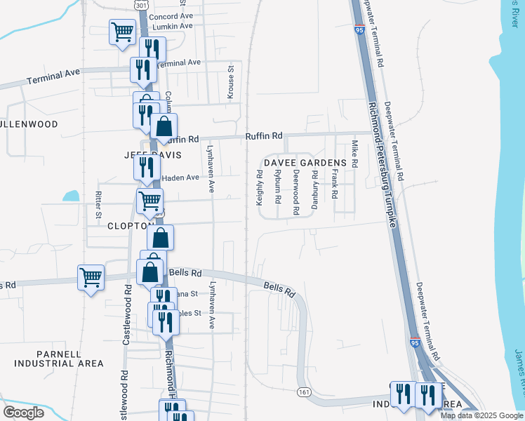 map of restaurants, bars, coffee shops, grocery stores, and more near 3432 Keighly Road in Richmond