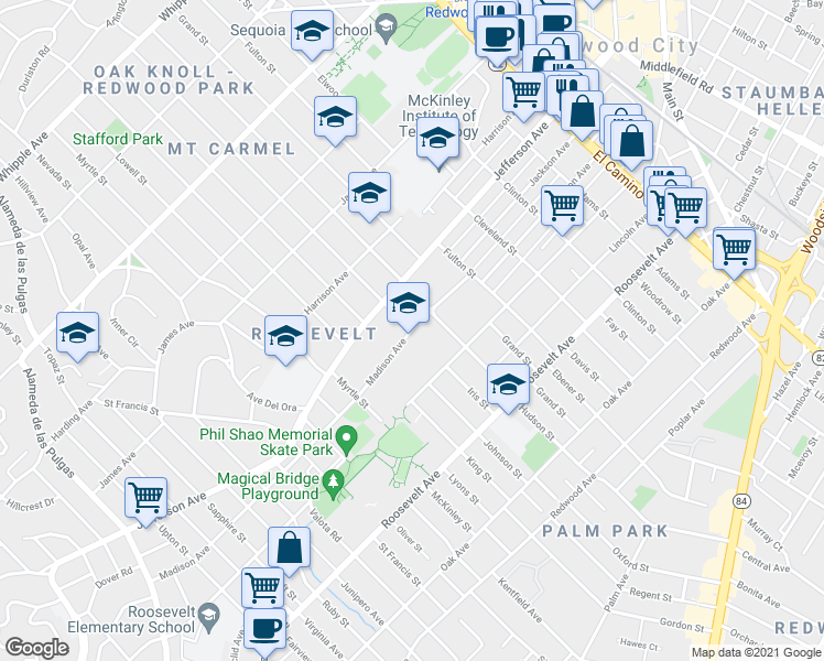 map of restaurants, bars, coffee shops, grocery stores, and more near Madison Avenue & Iris Street in Redwood City