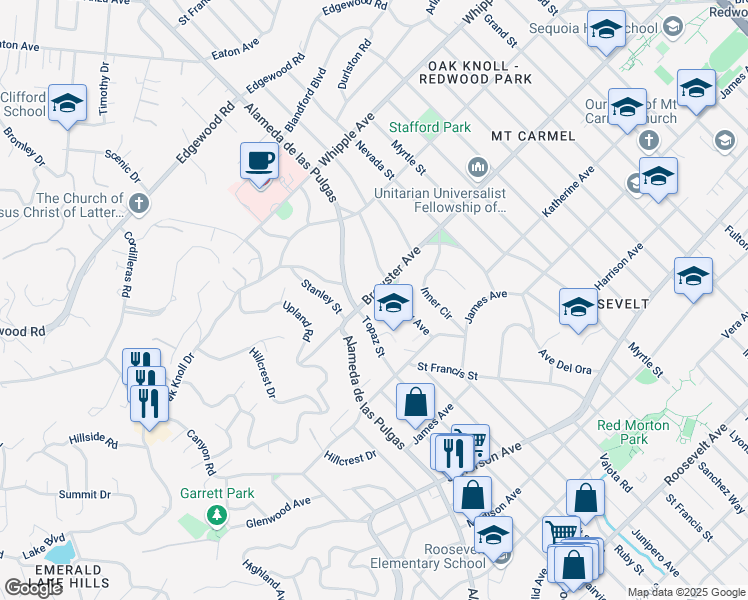 map of restaurants, bars, coffee shops, grocery stores, and more near 2645 Brewster Avenue in Redwood City