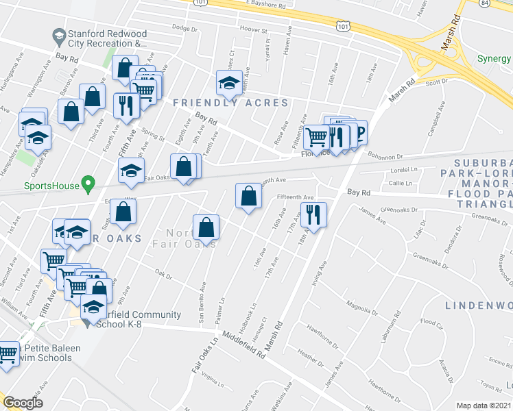 map of restaurants, bars, coffee shops, grocery stores, and more near 779 Fifteenth Avenue in Menlo Park