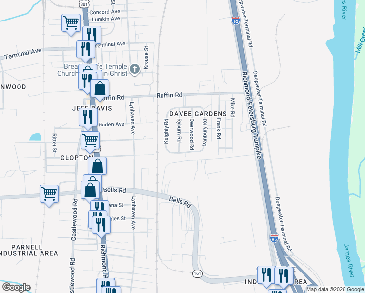 map of restaurants, bars, coffee shops, grocery stores, and more near 3429 Deerwood Road in Richmond