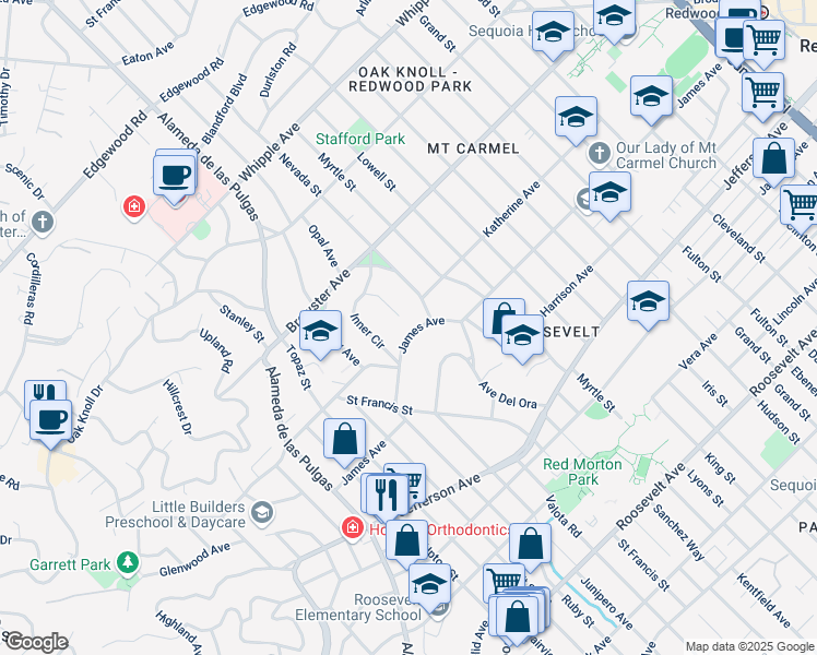 map of restaurants, bars, coffee shops, grocery stores, and more near 1538 James Avenue in Redwood City