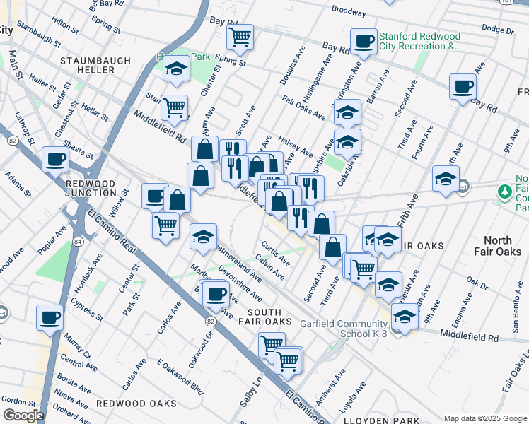 map of restaurants, bars, coffee shops, grocery stores, and more near 2798 Middlefield Road in Redwood City