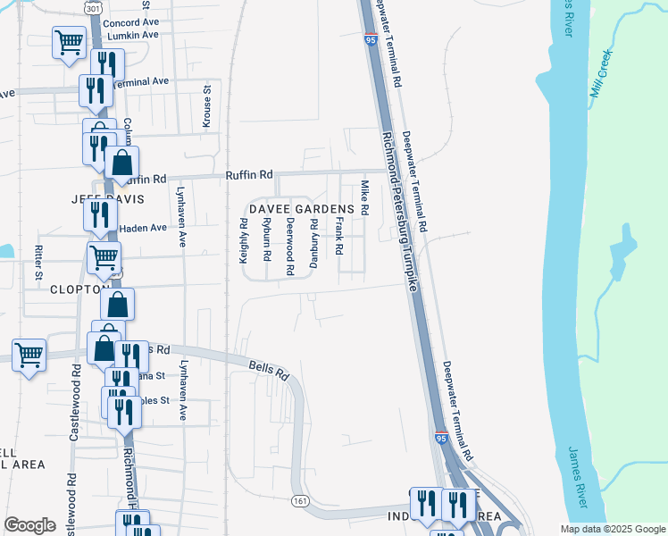 map of restaurants, bars, coffee shops, grocery stores, and more near 3415 Frank Road in Richmond