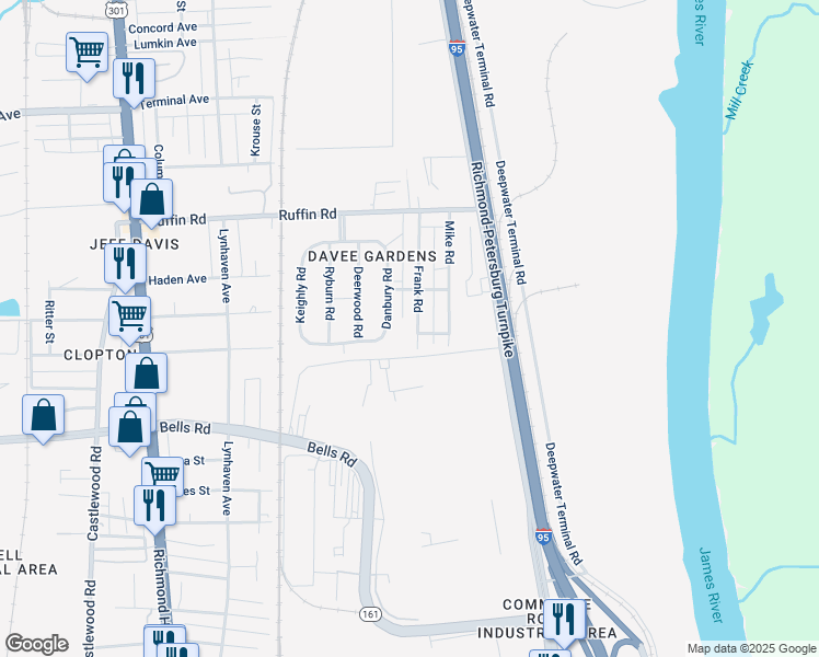 map of restaurants, bars, coffee shops, grocery stores, and more near 3415 Frank Road in Richmond