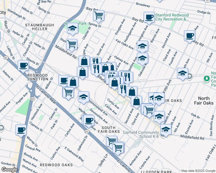 map of restaurants, bars, coffee shops, grocery stores, and more near 2798 Middlefield Road in Redwood City