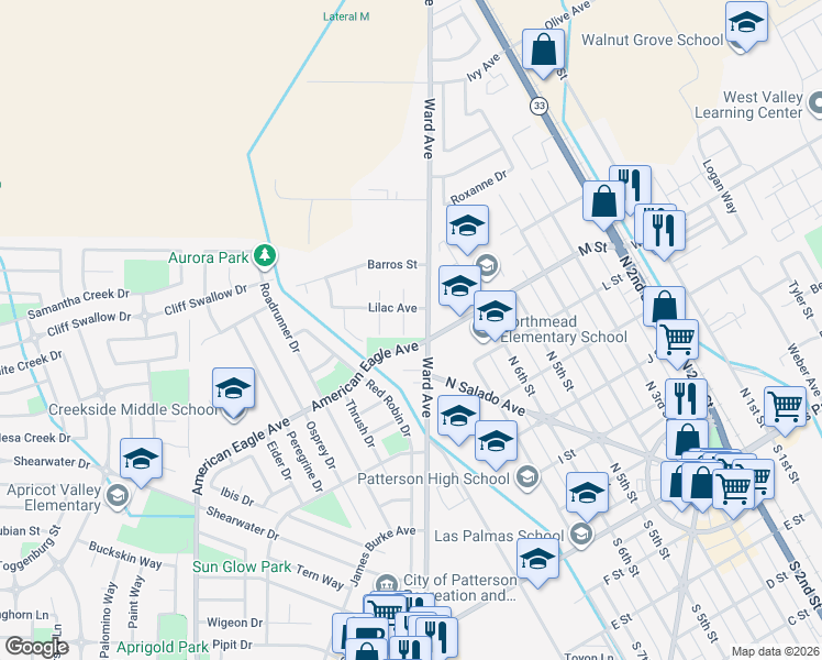 map of restaurants, bars, coffee shops, grocery stores, and more near 538 Wanzia Lane in Patterson