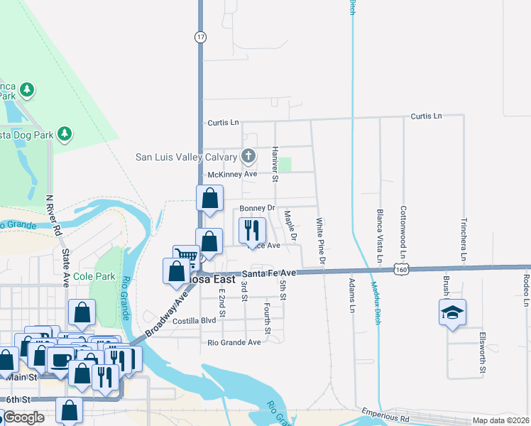 map of restaurants, bars, coffee shops, grocery stores, and more near 214 Spruce Drive in Alamosa