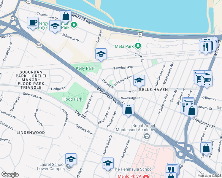map of restaurants, bars, coffee shops, grocery stores, and more near 401 Pierce Road in Menlo Park