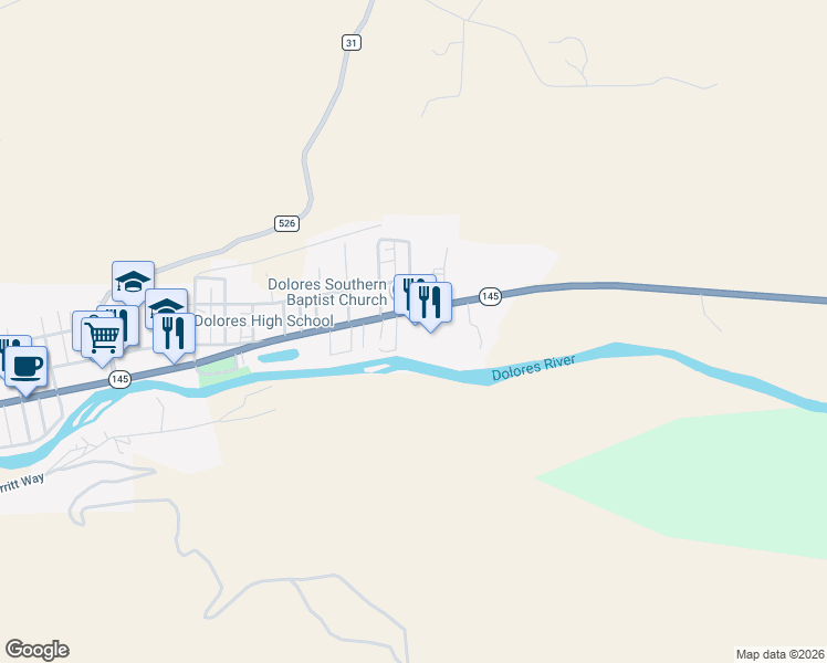 map of restaurants, bars, coffee shops, grocery stores, and more near 18380 Colorado 145 in Dolores