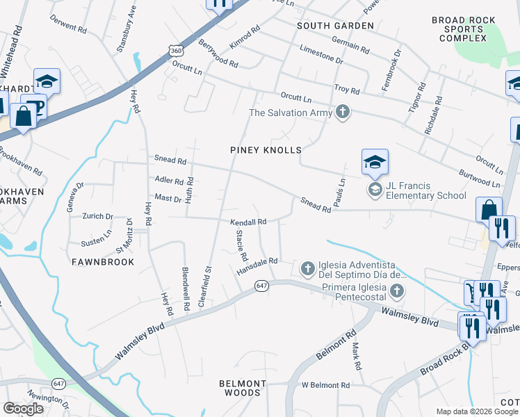map of restaurants, bars, coffee shops, grocery stores, and more near 2613 Bertram Road in Richmond