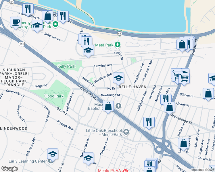 map of restaurants, bars, coffee shops, grocery stores, and more near 1304 Modoc Avenue in Menlo Park