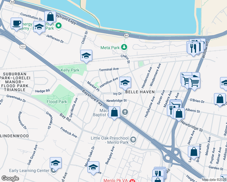 map of restaurants, bars, coffee shops, grocery stores, and more near 1304 Modoc Avenue in Menlo Park