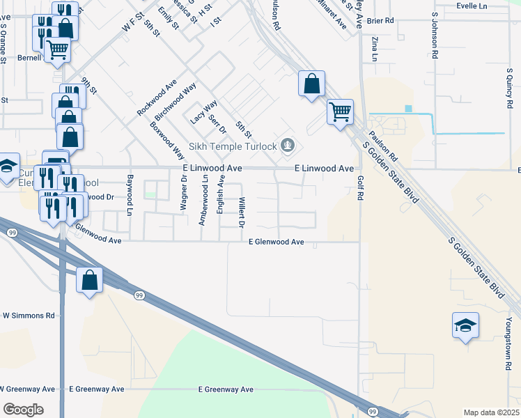 map of restaurants, bars, coffee shops, grocery stores, and more near 1101 Stone Court in Turlock