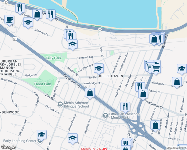 map of restaurants, bars, coffee shops, grocery stores, and more near 1304 Modoc Avenue in Menlo Park
