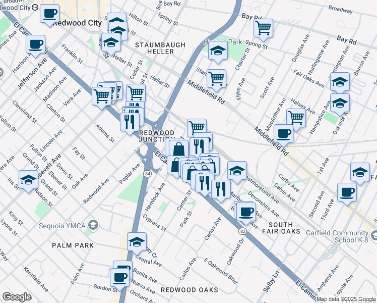 map of restaurants, bars, coffee shops, grocery stores, and more near 95 Charter Street in Redwood City