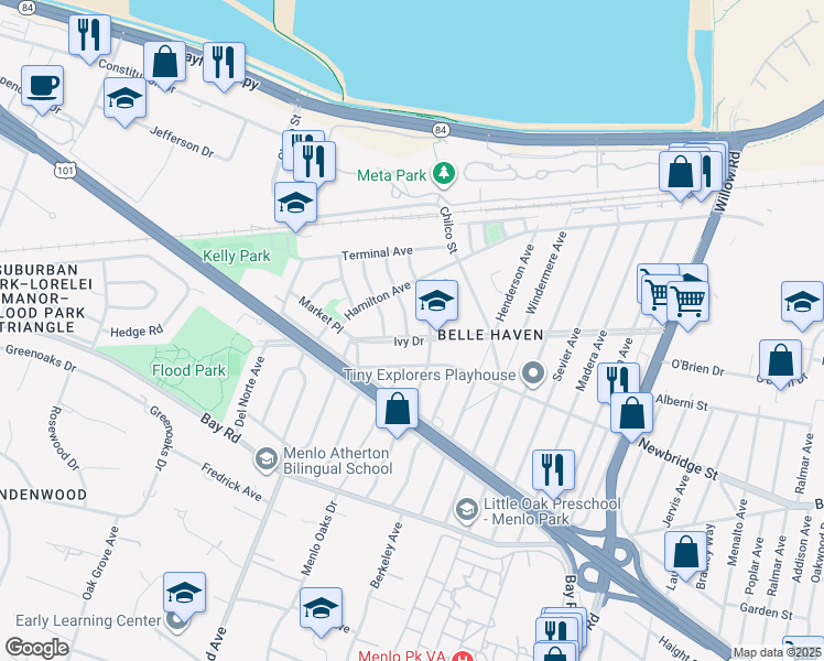 map of restaurants, bars, coffee shops, grocery stores, and more near 1304 Modoc Avenue in Menlo Park