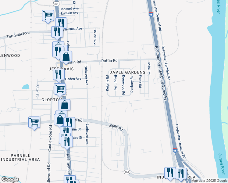 map of restaurants, bars, coffee shops, grocery stores, and more near 3427 Ryburn Road in Richmond