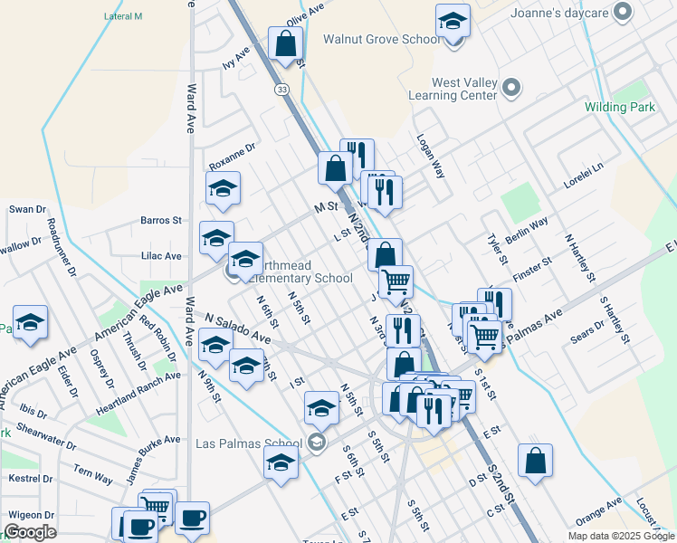 map of restaurants, bars, coffee shops, grocery stores, and more near 400 North 3rd Street in Patterson
