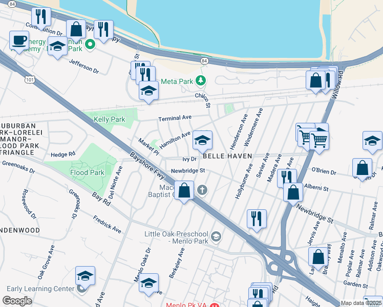 map of restaurants, bars, coffee shops, grocery stores, and more near 1304 Modoc Avenue in Menlo Park