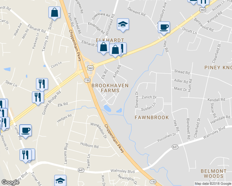 map of restaurants, bars, coffee shops, grocery stores, and more near 2261 Bywood Lane in Richmond